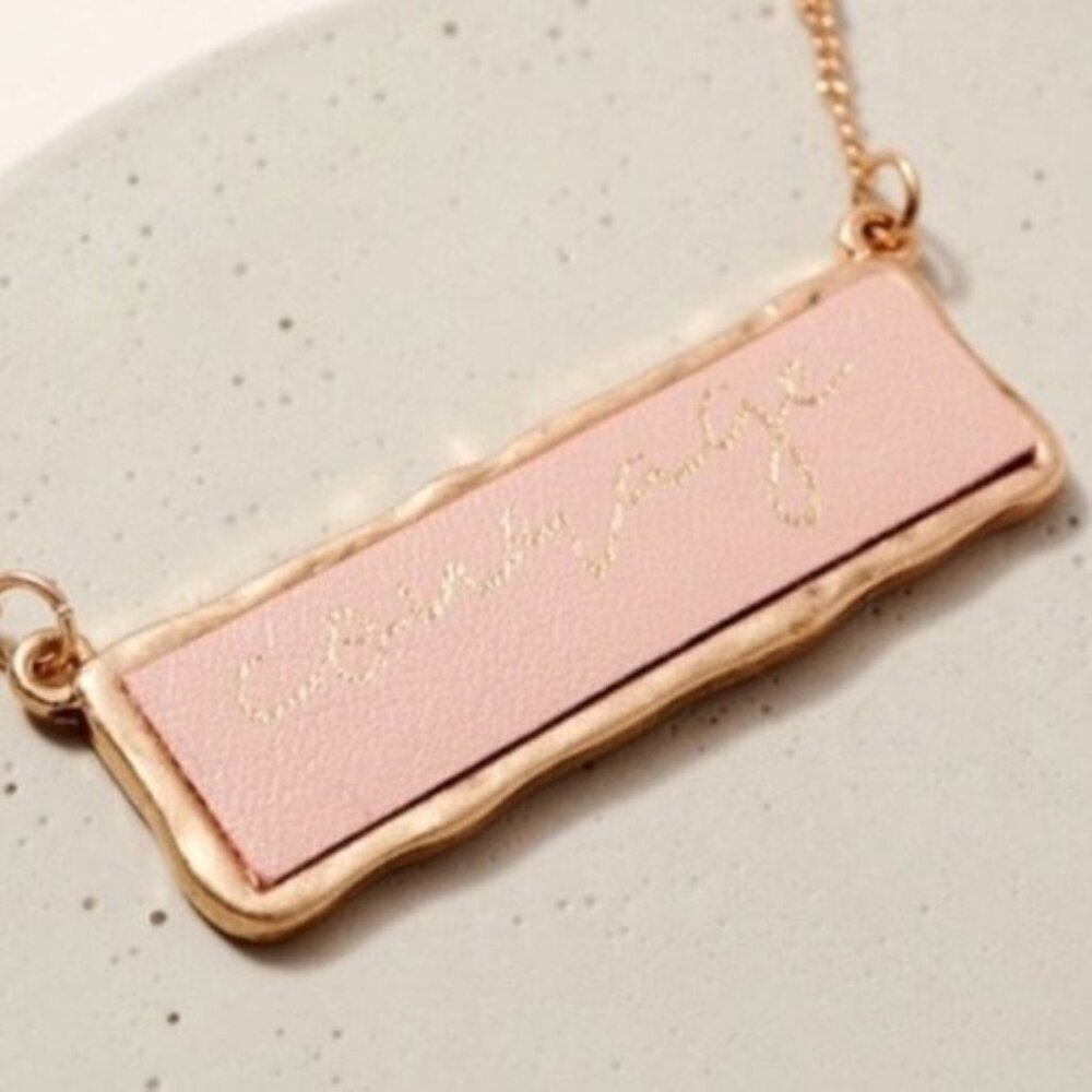Pink Courage Necklace Faux Leather Bar Charm Gold Layering Nickel Free